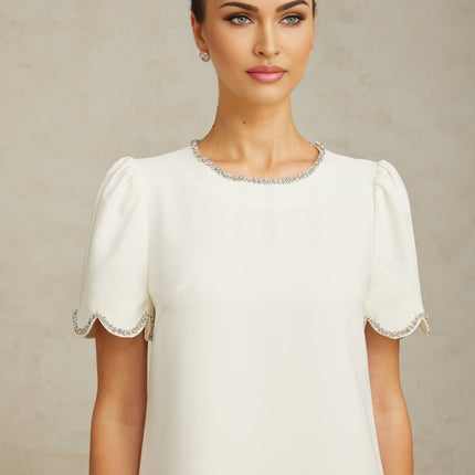 Ippolita White Mini Dress Crystal Scallop Hem Short Sleeves Round Neck Crystal Embellishment Rear Zip Fastening Thigh-Length 98% Terylene Fiber 2% Spandex