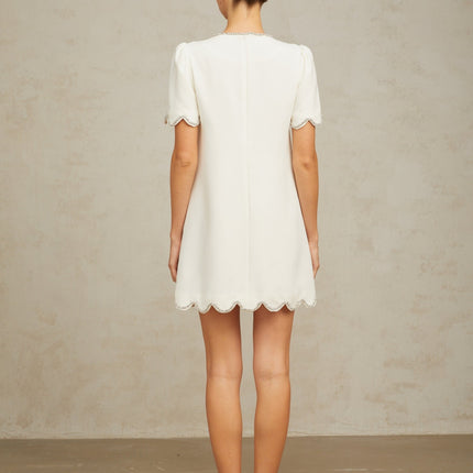 Ippolita White Mini Dress Crystal Scallop Hem Short Sleeves Round Neck Crystal Embellishment Rear Zip Fastening Thigh-Length 98% Terylene Fiber 2% Spandex