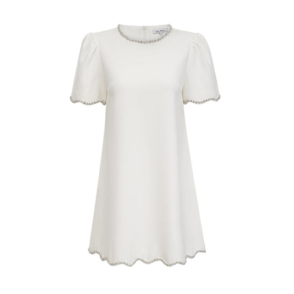 Ippolita White Mini Dress Crystal Scallop Hem Short Sleeves Round Neck Crystal Embellishment Rear Zip Fastening 98% Terylene Fiber 2% Spandex