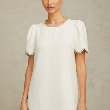 Ippolita White Mini Dress Crystal Scallop Hem Short Sleeves Round Neck Crystal Embellishment Rear Zip Fastening Thigh-Length 98% Terylene Fiber 2% Spandex