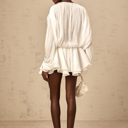 Ippolita White Mini Dress Pleated Bow Tie Terylene Fiber Long Balloon Sleeves Layered Skirt Glitter Detailing Front Tie Fastening Feminine Silhouette Elegant Glamour