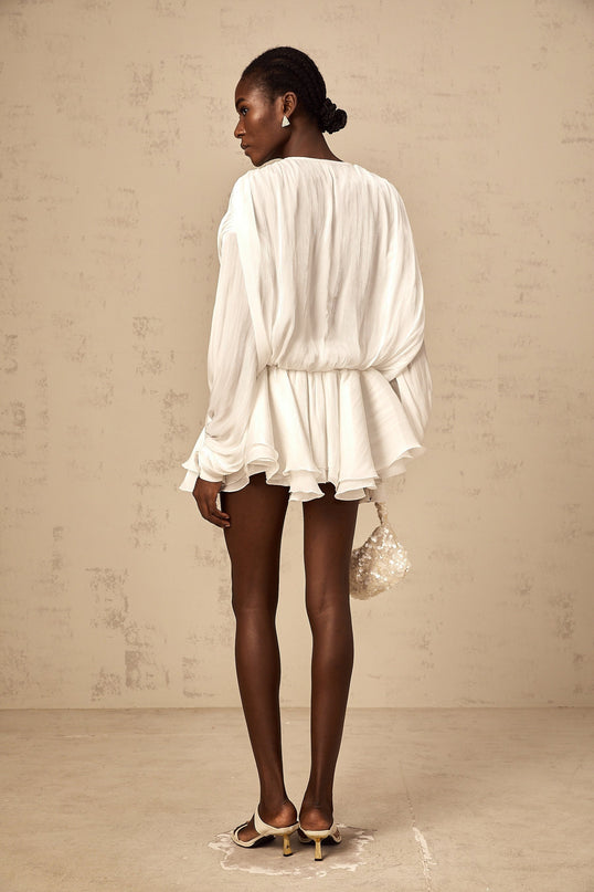 Ippolita White Mini Dress Pleated Bow Tie Terylene Fiber Long Balloon Sleeves Layered Skirt Glitter Detailing Front Tie Fastening Feminine Silhouette Elegant Glamour