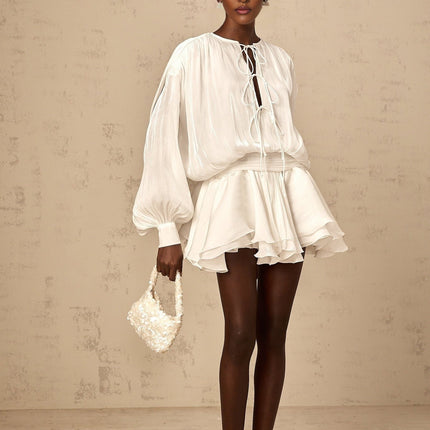 Ippolita White Mini Dress Pleated Bow Tie with Glitter Detailing and Balloon Sleeves