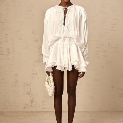 Ippolita White Mini Dress Pleated Bow Tie with Glitter Detailing and Balloon Sleeves