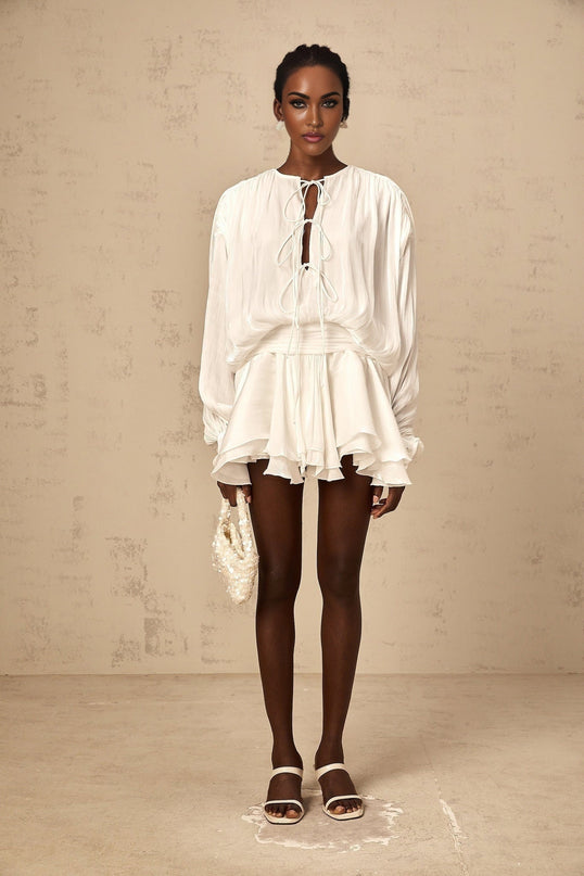 Ippolita White Mini Dress Pleated Bow Tie with Glitter Detailing and Balloon Sleeves