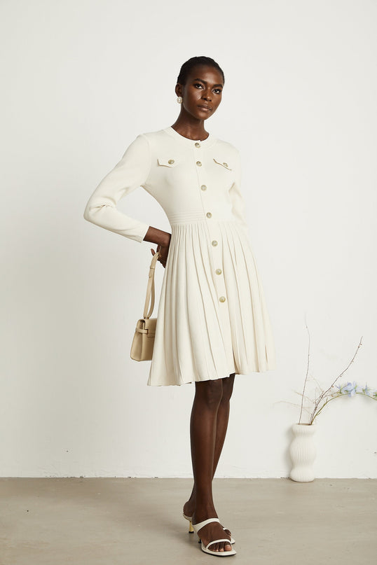 Ippolita White Pleated Knit Mini Dress Buttoned Style Round Neck Long Sleeves Luxurious Blend Polyamide Cotton Finesse Sophistication Elegance Modern Woman