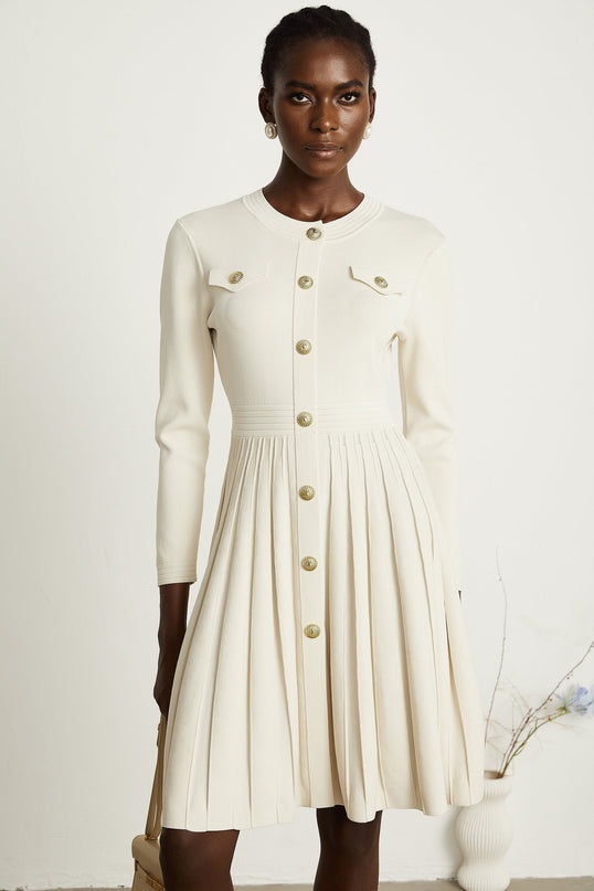 Ippolita White Pleated Knit Mini Dress with Buttoned Style and Luxurious Blend of Polyamide and Cotton