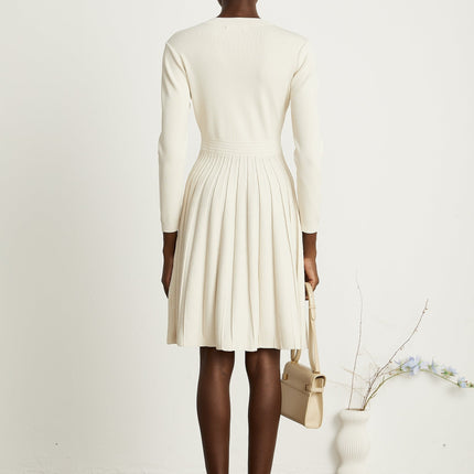 Ippolita White Pleated Knit Mini Dress with Buttoned Style Round Neck and Long Sleeves