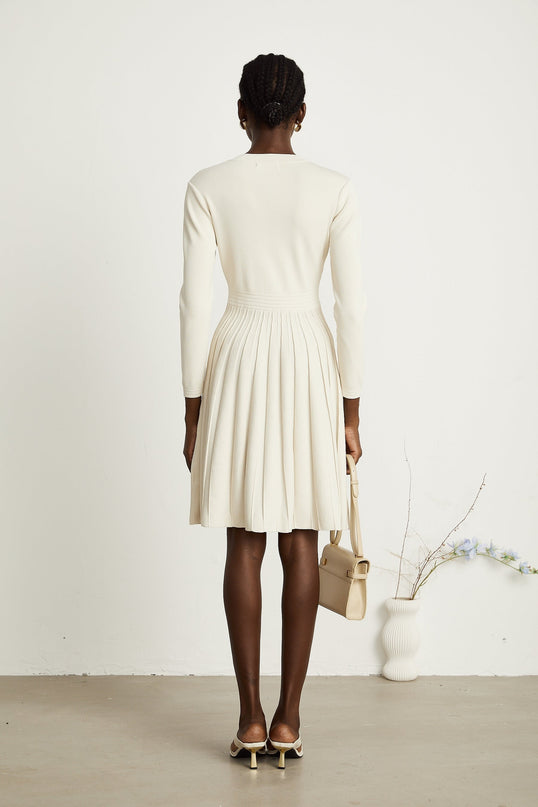 Ippolita White Pleated Knit Mini Dress with Buttoned Style Round Neck and Long Sleeves