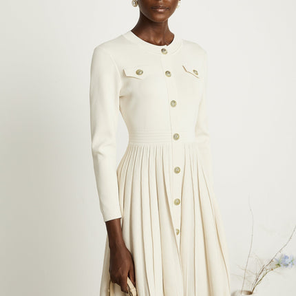 Ippolita White Pleated Knit Mini Dress Buttoned Style Round Neck Long Sleeves Luxurious Blend Polyamide Cotton Front Button Fastening