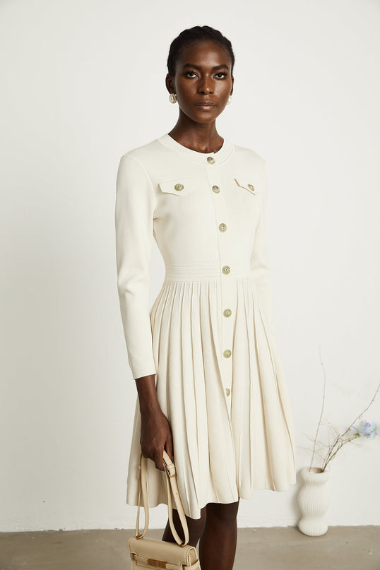 Ippolita White Pleated Knit Mini Dress Buttoned Style Round Neck Long Sleeves Luxurious Blend Polyamide Cotton Front Button Fastening