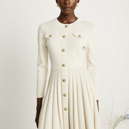 Ippolita White Pleated Knit Mini Dress Buttoned Style Round Neck Long Sleeves Luxurious Blend Polyamide Cotton Front Button Fastening