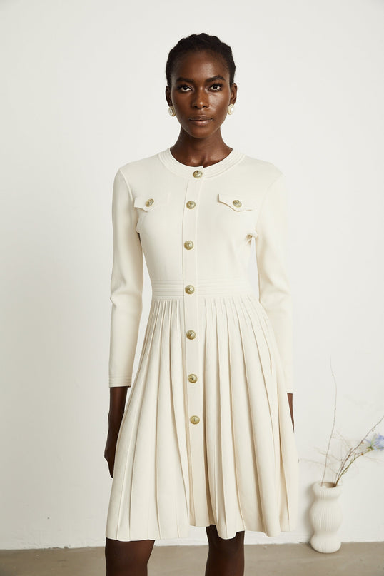 Ippolita White Pleated Knit Mini Dress Buttoned Style Round Neck Long Sleeves Luxurious Blend Polyamide Cotton Front Button Fastening