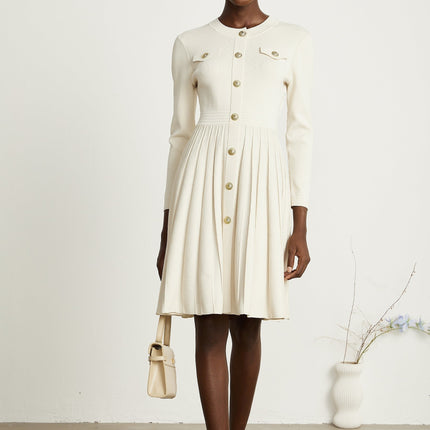 Ippolita White Pleated Knit Mini Dress Buttoned Style Round Neck Long Sleeves Luxurious Blend Polyamide Cotton Finesse