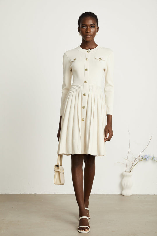 Ippolita White Pleated Knit Mini Dress Buttoned Style Round Neck Long Sleeves Luxurious Blend Polyamide Cotton Finesse
