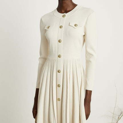 Ippolita White Pleated Knit Mini Dress with Buttoned Style and Long Sleeves