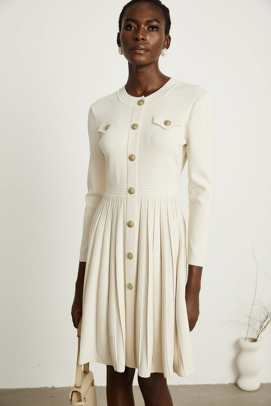 Ippolita White Pleated Knit Mini Dress with Buttoned Style and Long Sleeves