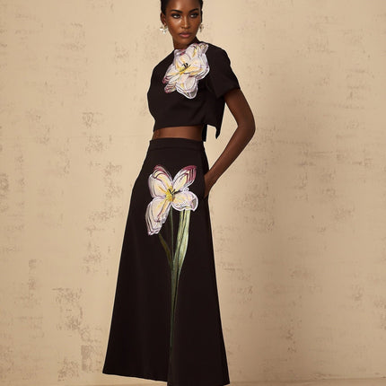 Irène Black Sequin Floral Embroidered Matching Set