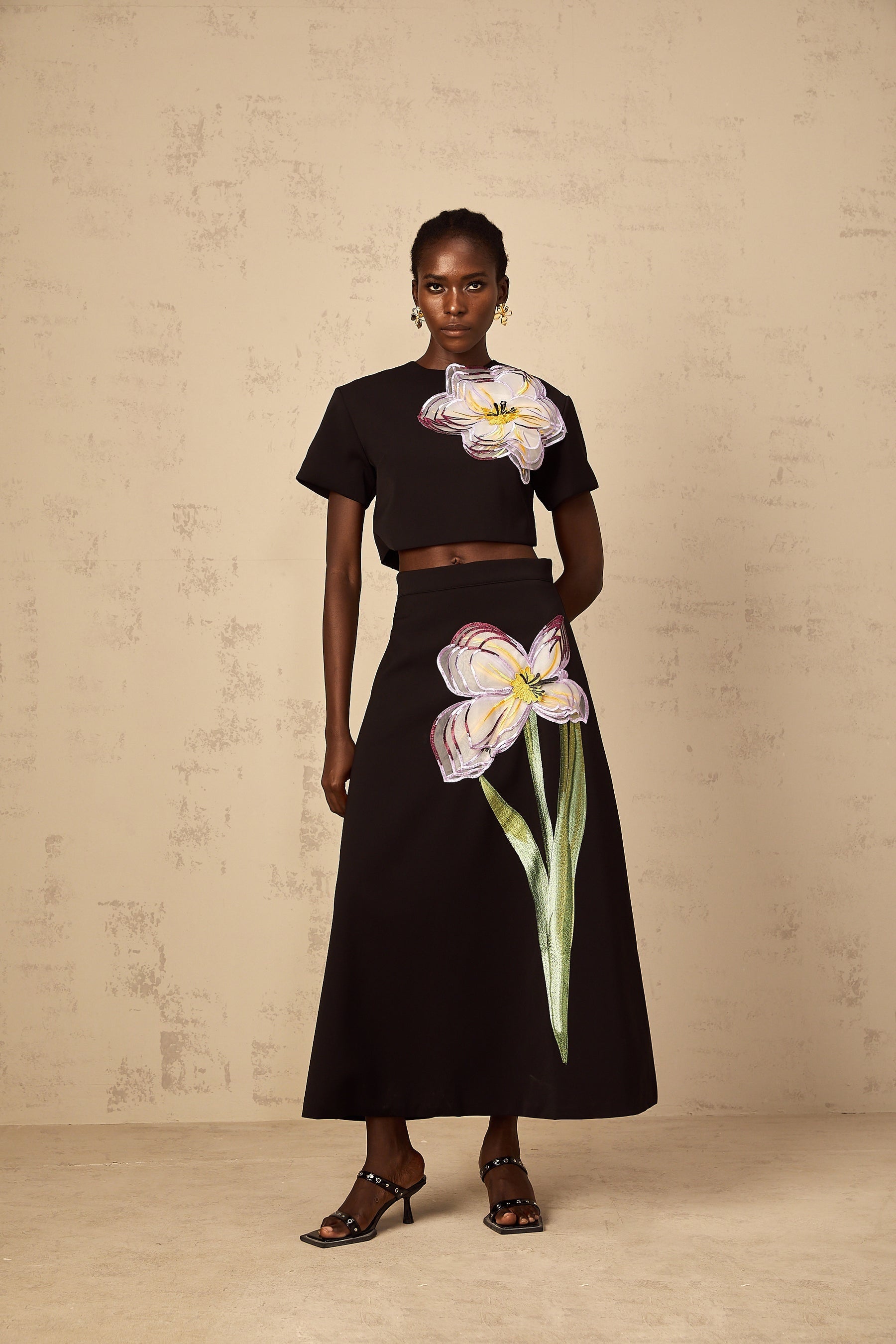 Irène Black Sequin Floral Embroidered Matching Set