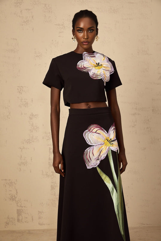 Irène Black Sequin Floral Embroidered Matching Set