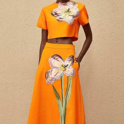 Irène Orange Sequin Floral Embroidered Matching Set