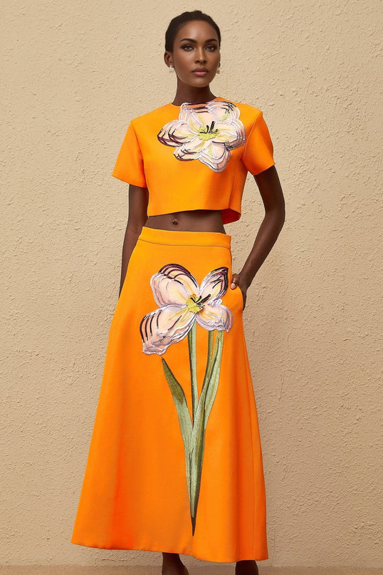Irène Orange Sequin Floral Embroidered Matching Set