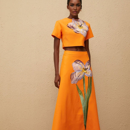 Irène Orange Sequin Floral Embroidered Matching Set