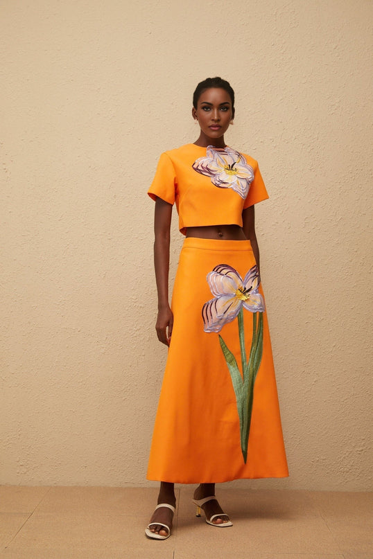 Irène Orange Sequin Floral Embroidered Matching Set