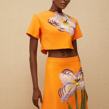 Irène Orange Sequin Floral Embroidered Matching Set