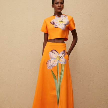 Irène Orange Sequin Floral Embroidered Matching Set