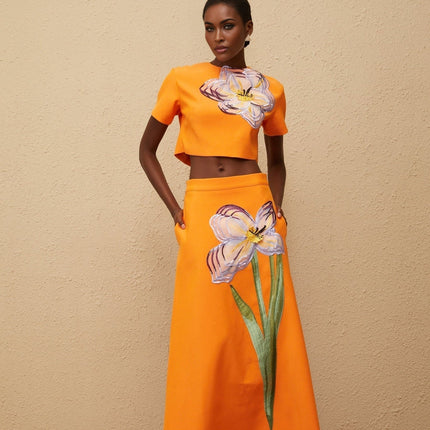 Irène Orange Sequin Floral Embroidered Matching Set