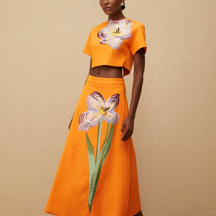 Irène Orange Sequin Floral Embroidered Matching Set