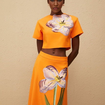 Irène Orange Sequin Floral Embroidered Matching Set