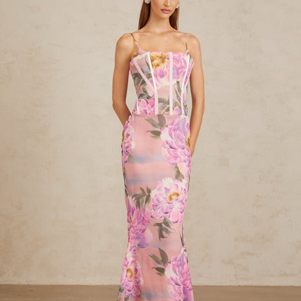 Irène Pink Chiffon Floral Print Maxi Dress