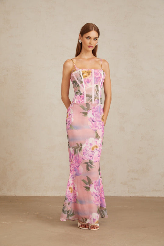 Irène Pink Chiffon Floral Print Maxi Dress