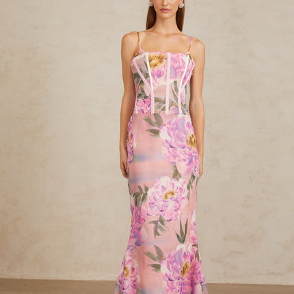 Irène Pink Chiffon Floral Print Maxi Dress