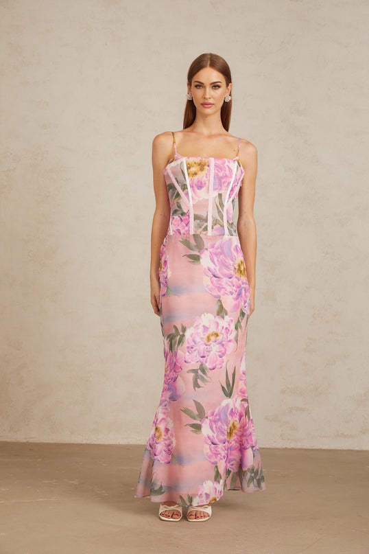 Irène Pink Chiffon Floral Print Maxi Dress