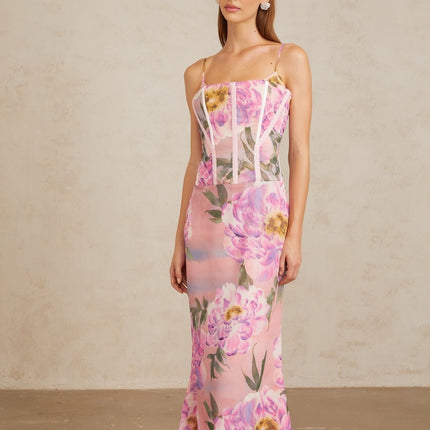 Irène Pink Chiffon Floral Print Maxi Dress