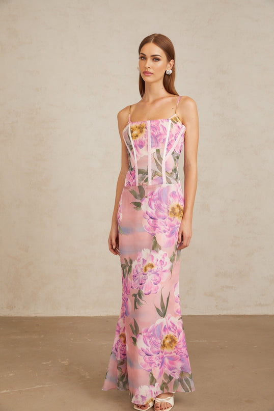 Irène Pink Chiffon Floral Print Maxi Dress