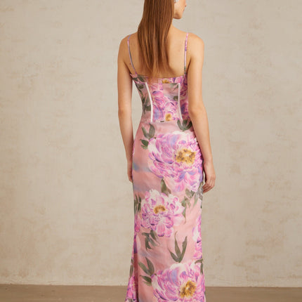 Irène Pink Chiffon Floral Print Maxi Dress