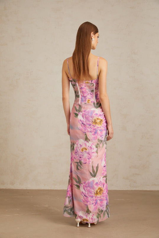Irène Pink Chiffon Floral Print Maxi Dress