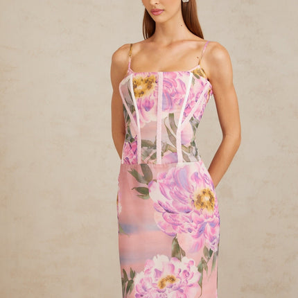 Irène Pink Chiffon Floral Print Maxi Dress