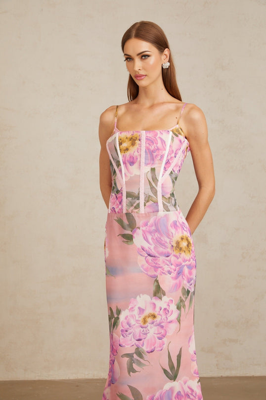 Irène Pink Chiffon Floral Print Maxi Dress