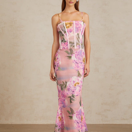 Irène Pink Chiffon Floral Print Maxi Dress