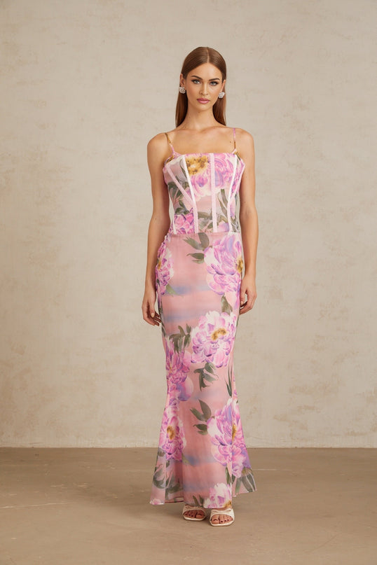 Irène Pink Chiffon Floral Print Maxi Dress