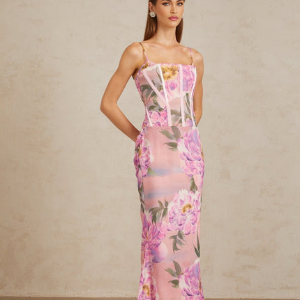 Irène Pink Chiffon Floral Print Maxi Dress