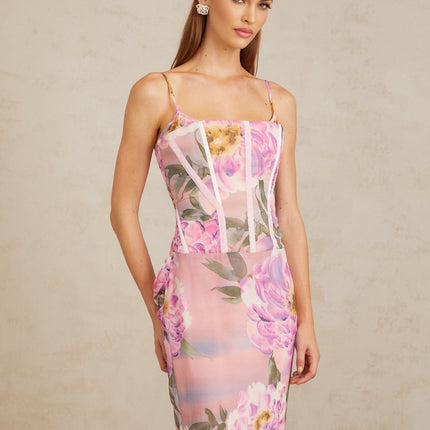 Irène Pink Chiffon Floral Print Maxi Dress