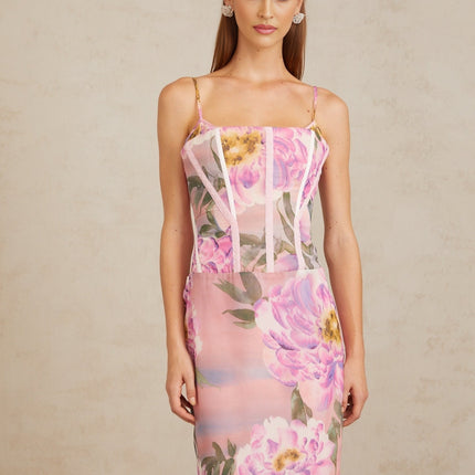 Irène Pink Chiffon Floral Print Maxi Dress