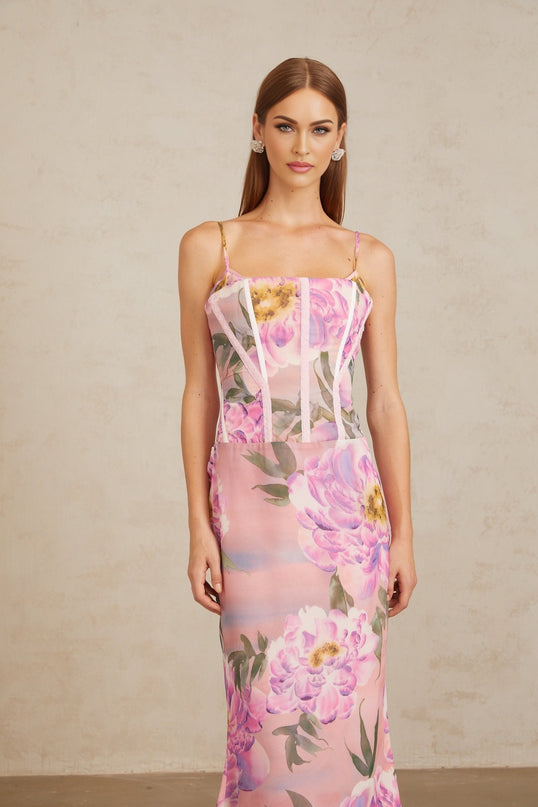 Irène Pink Chiffon Floral Print Maxi Dress