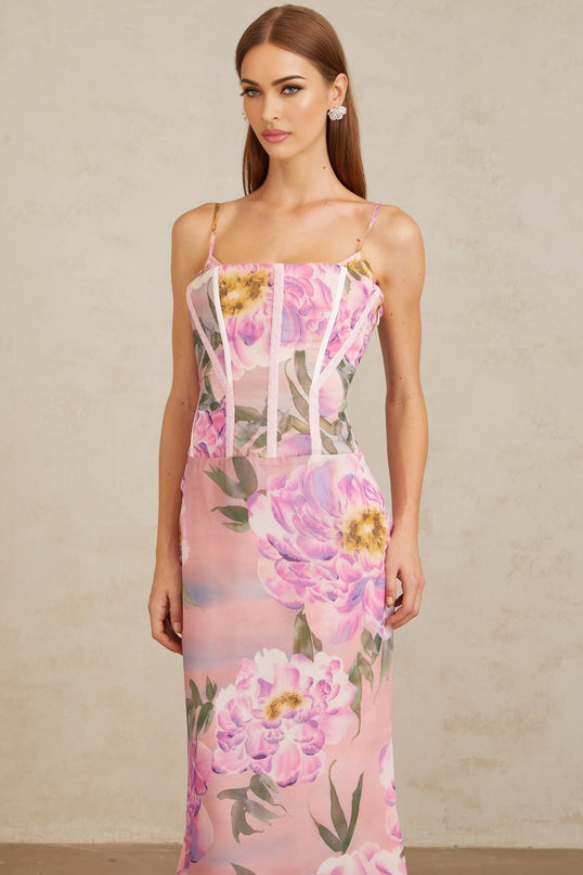 Irène Pink Chiffon Floral Print Maxi Dress